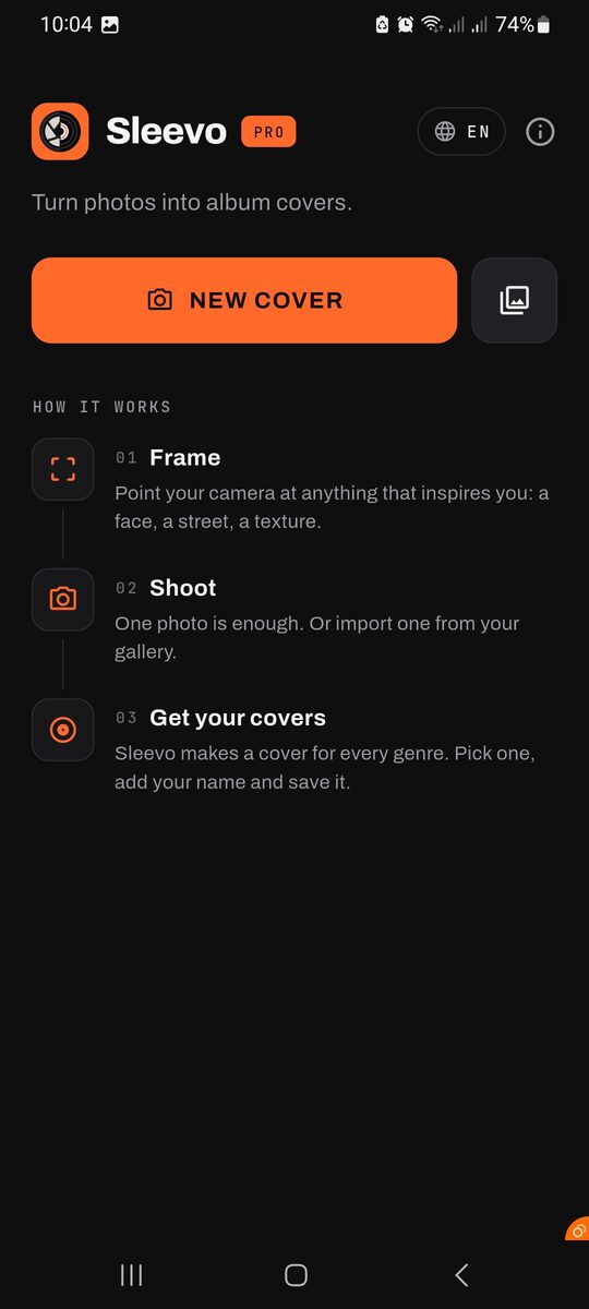 Écran d'accueil de l'app Sleevo : bouton Nouvelle pochette et les trois étapes Cadrer, Photographier, Obtenir vos pochettes